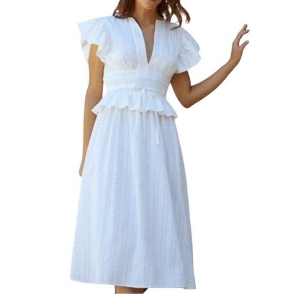 O.P.T Chic White Midi cotton Dress with Ruffle Detail New xs - Picture 6 of 16